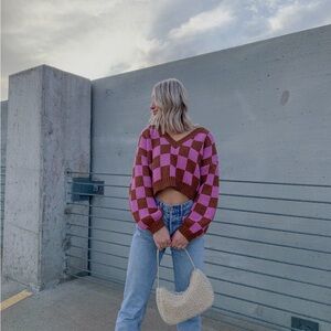 Blue Blush Pink and Brown Checkered V-Neck Sweater